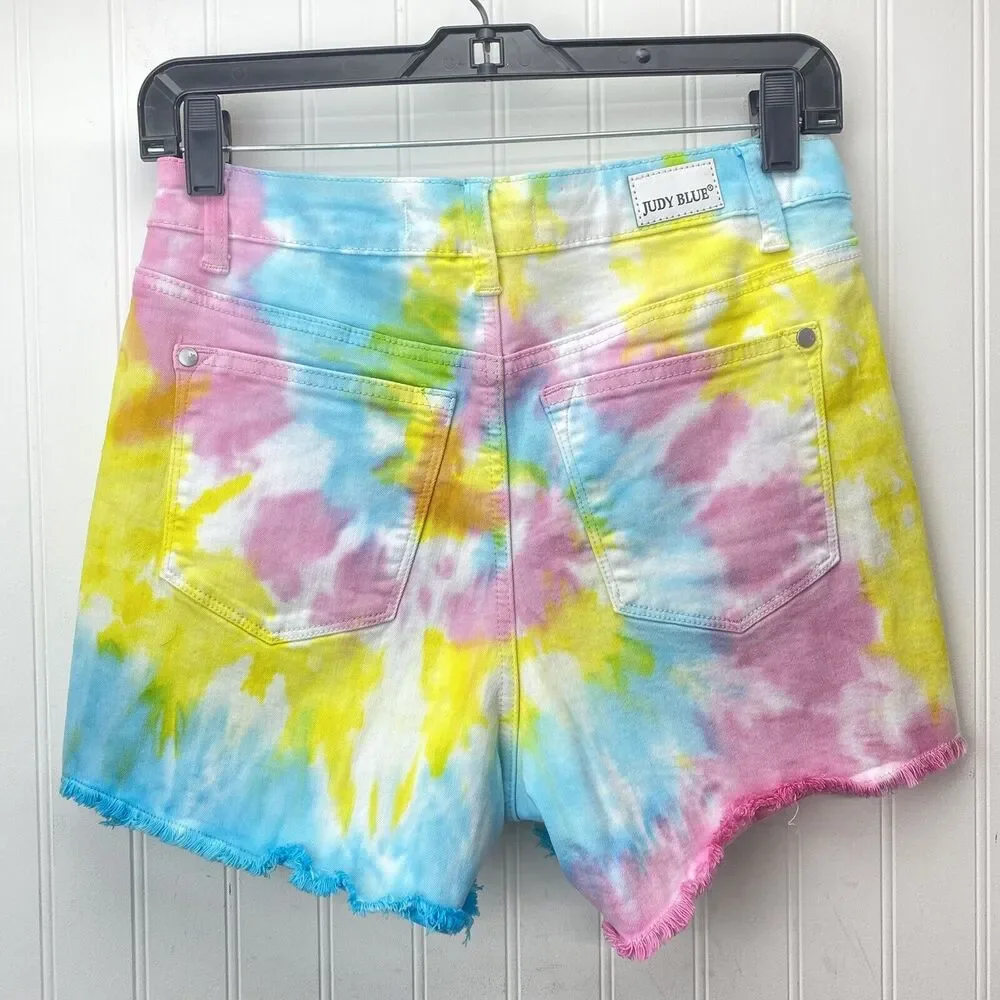 Judy Blue Shorts Tie Dye Rainbow Sz Small Stretch Denim Raw Hem Fray NEW